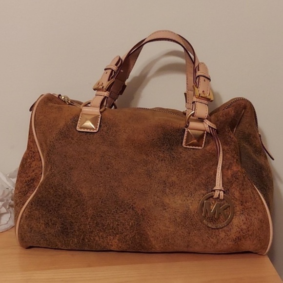 Michael Kors Brown Crackled Nubuck Grayson Satchel EUC no logo tag suede cork - Picture 4 of 6